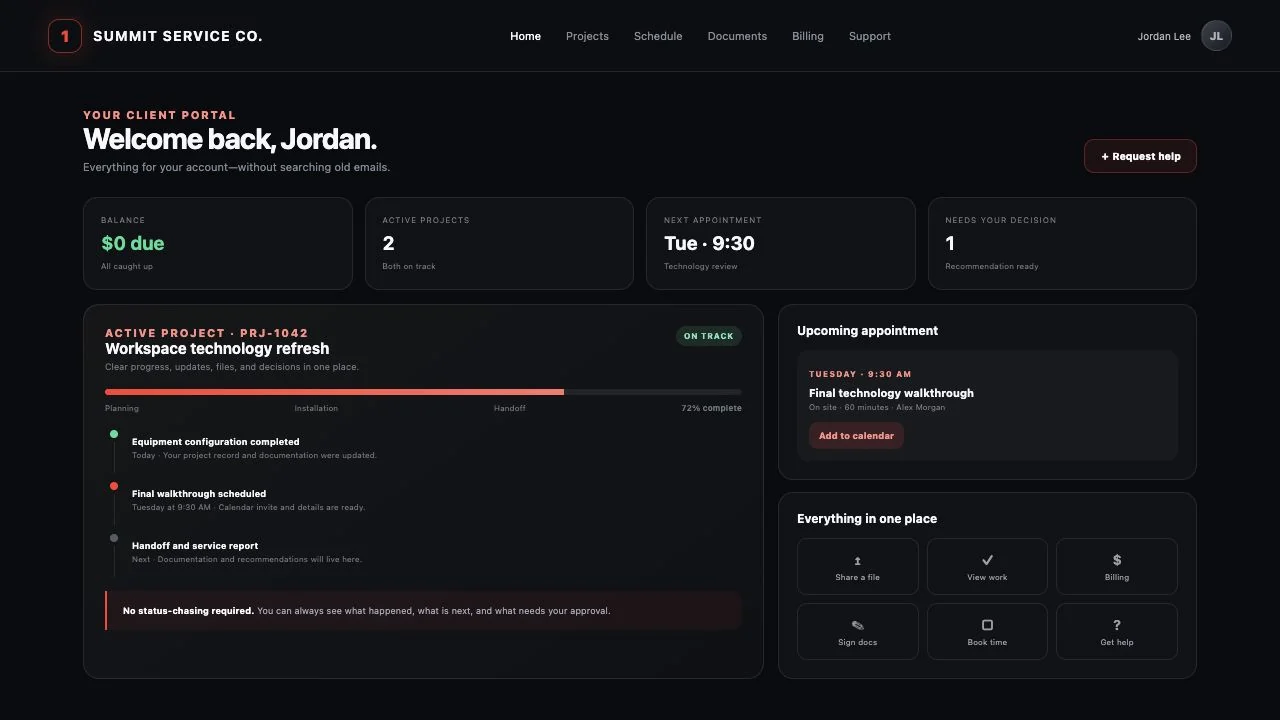 TechWorks ONE fictional client portal in dark mode showing projects, appointments, decisions, billing, documents, and reports