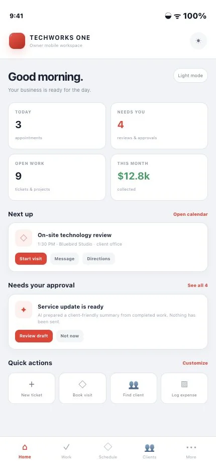 TechWorks ONE mobile owner home showing fictional appointments, open work, billing, approvals, and quick actions