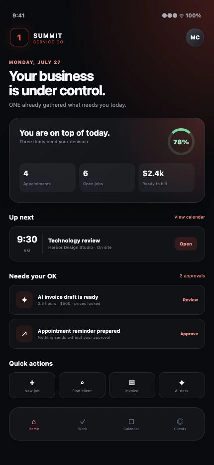TechWorks ONE fictional owner mobile app in dark mode showing appointments, approvals, open work, revenue, and quick actions
